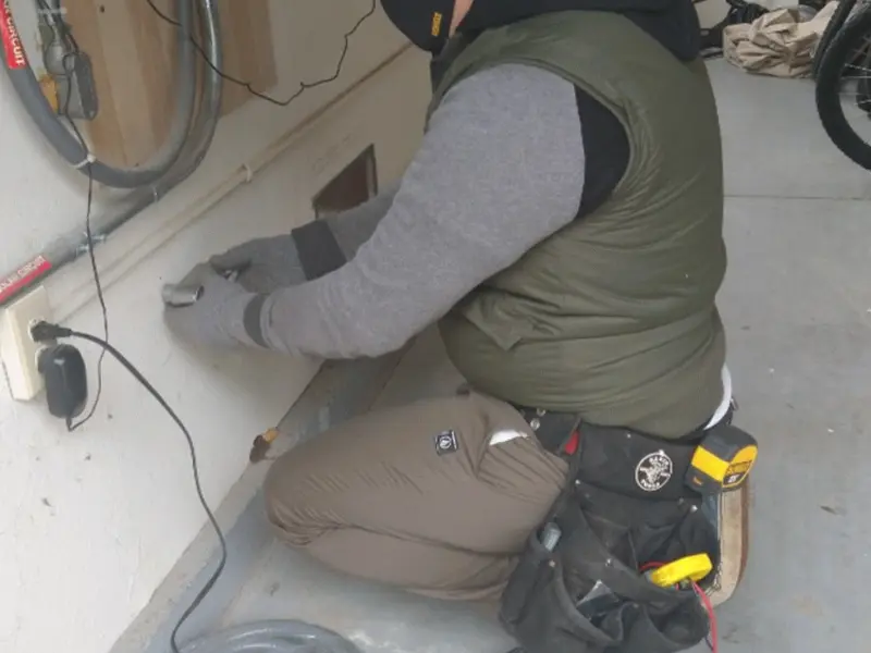 Electrician performing outlet wiring in a Guntersville garage